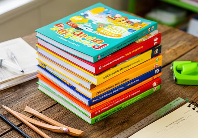 Stack of colourful study guides and children's reference books on a wooden table with school supplies nearby
